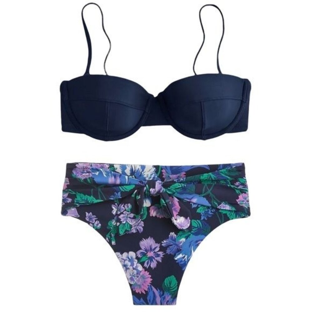 J. Crew Underwire High Cut Tie Waist Bikini Navy Retro Floral Size 32A/XS NWT